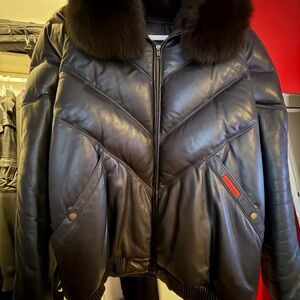 Black Leather Puffer Jacket with Fur Collar